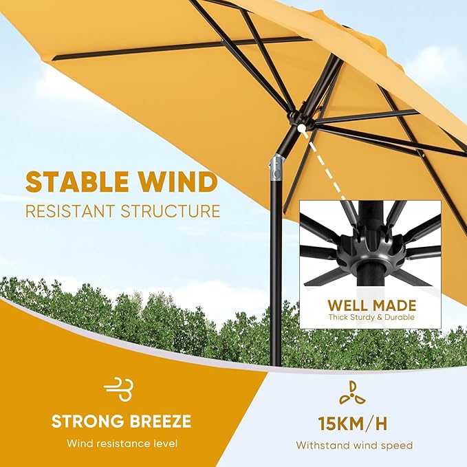 Tempera Patio Market Outdoor Table Umbrella with Push Button Tilt and Crank, Large Sun Umbrella with Sturdy Pole & Fade Resistant Canopy, Easy to Set