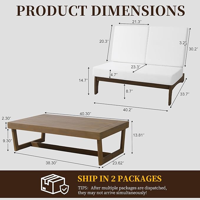 UIXE 2 Pieces All Weather Wood Patio Furniture Sets, Patio Loveseat Outdoor Sofa with Solid Wooden Coffee Table - Beige