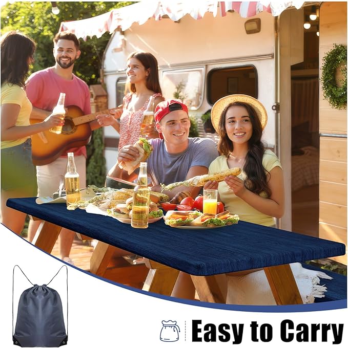 Smiry Picnic Table Cover with Bench Covers, Waterproof Elastic Fitted Tablecloth for 6 Foot Tables, Washable Polyester Tablecloths for Camping, Indoor & Outdoor (Navy & Black, 30x72 Inch 3-pc Set)