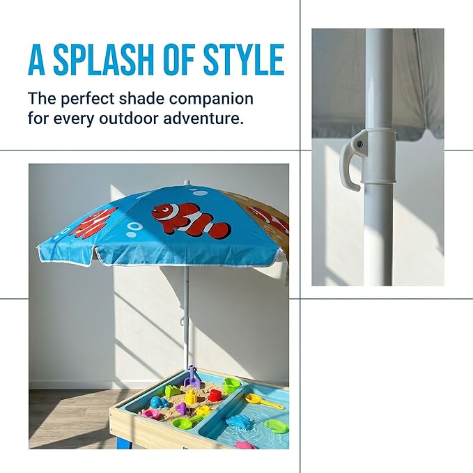 LOTTAFUN Water Table Umbrella Kid 5ft Beach Umbrella Diameter 0.99-1.2 inches Pole UV 50+ Portable Sun Shade with Sand Anchor & Carry Bag, Outdoor Folding Umbrella for Beach,Pool,Patio,Garden (Fish) NO Tilt The sand needs to be over 5 inches above the ...