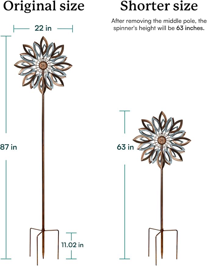 Yard Garden Wind Spinners with Solar Lights, Large Outdoor Metal Wind Spinners, Lawn Yard Art Garden Decor (22" W x 87" H)