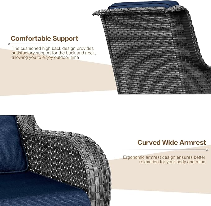 5 Pieces Outdoor Patio Furniture Conversation Set PE Rattan Wicker with a 3-Seater Sofa, 2 Armchairs, 2 Outdoor Ottomans for Yard Backyard (Grey/Navy Blue)