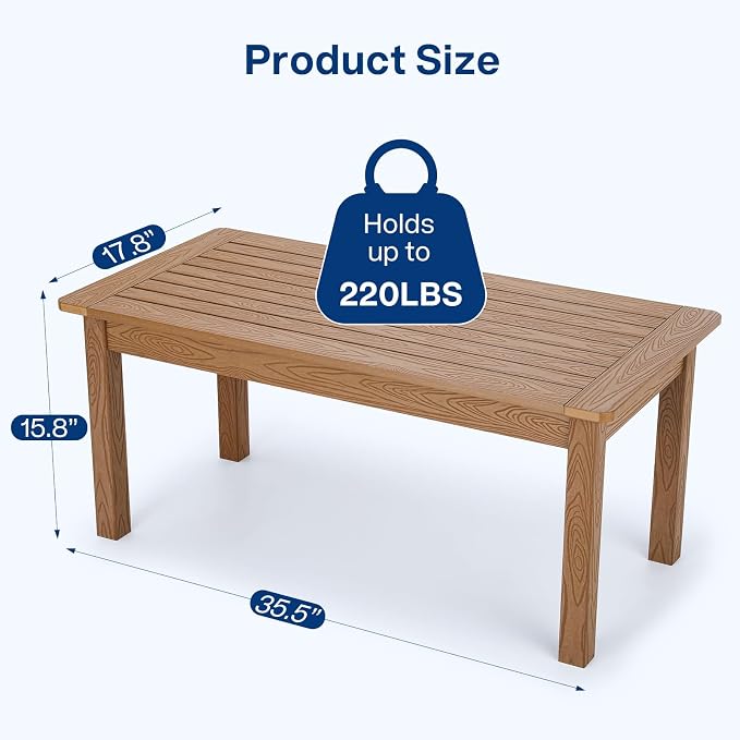 36" Outdoor Coffee Table, Weatherproof HIPS Patio Coffee Tables for Outside, All Weather Outdoor Center Table with 220lbs Capacity for Deck, Garden, Balcony, Indoor, Teak