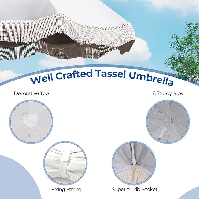 Tangkula 6.5FT Beach Umbrella with Fringe, UPF50+ Outdoor Boho Umbrella with Tassels, Push Button Tilt, Sand Anchor, 8 Ribs, Vintage Patio Umbrella with Carry Bag for Sand Deck Pool Garden Backyard