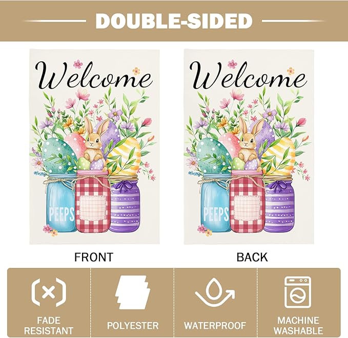 Easter Garden Flag Welcome Garden Flags for Outside Floral Mason Jar 12x18 Double Sided for Outdoor Small Holiday Yard flag
