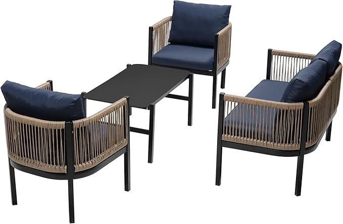 LUMISOL 4-Piece Patio Conversation Set Acacia Wood Outdoor Sofa & Chairs with Coffee Table, Outdoor Sofa Set with Coffee Table, Patio Conversation Set for Garden Backyard, Dark Blue