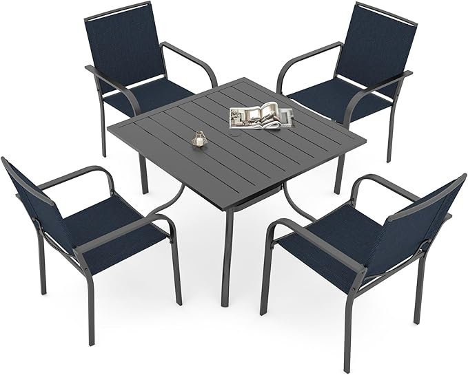 Anmutig 5 Piece Outdoor Patio Dining Set, 35 Inch Square Patio Table, 4 Stackable Chairs, All Weather Furniture Set - Navy Blue