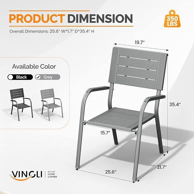 VINGLI Outdoor Patio Dining Chairs, Stackable HDPE All-Weather Arm Chairs, Weatherproof Outdoor Seating for Garden, Backyard, Poolside, Balcony,Grey (4 Pack)