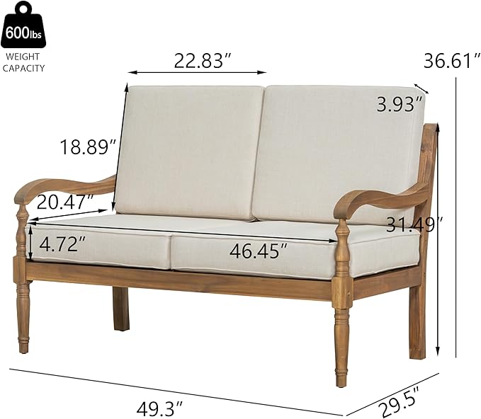 4-Piece Patio Conversation Set, All Weather Outdoor Acacia Wood Sofa Seating Group with 2 Chairs, Loveseat, Coffee Table, 4.72 inch Thick Cushions
