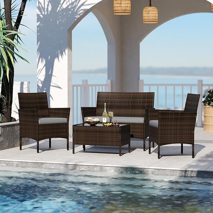 S AFSTAR 4 Pieces Patio Rattan Conversation Set, Patio PE Outdoor Set w/Tempered Glass Coffee Table, Loveseat & Chairs, Zippered Gray Cushions, Wicker Patio Sofa Set for Backyard, Garden & Poolside