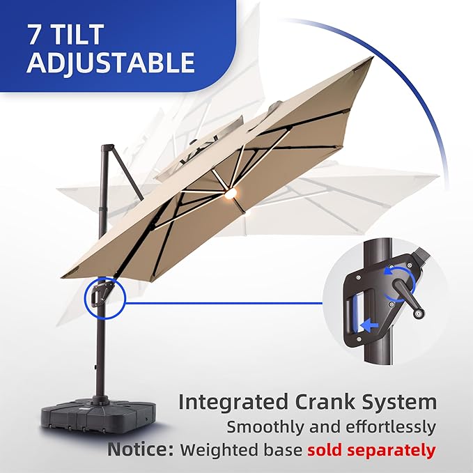 9 X 12 FT Cantilever Outdoor Patio Umbrella with Led Lights Heavy Duty Windproof Double Top Large Rectangle Offset Umbrellas with 360-degree Rotation for Garden Pool Deck Backyard, Beige