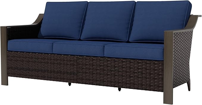 74 Inch Patio 3-Seater Sofa,PE Wicker Outdoor Lounge with Thick Removable Water-Resistant Cushions, Rust-Proof Steel Frame, 900LBS Capacity, Blue