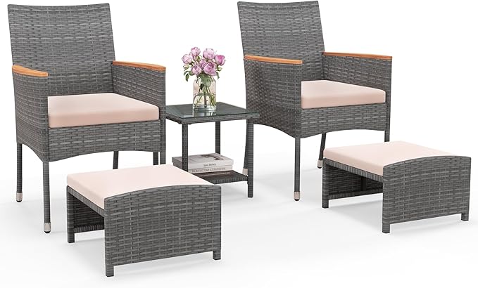 HAPPYGRILL 5 Pieces Wicker Patio Conversation Set, PE Rattan Porch Chairs with Ottomans, 2-Tier Coffee Table, Cushions, Outdoor Furniture Set for Garden, Poolside, Balcony