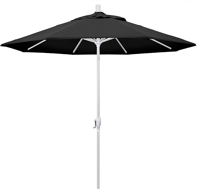 California Umbrella 9' Round Aluminum Market Umbrella, Crank Lift, Push Button Tilt, White Pole, Black Olefin