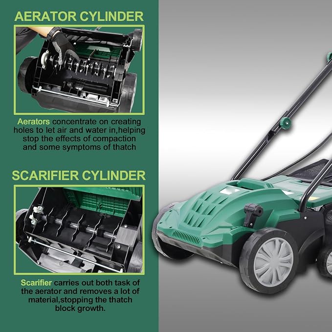 13" Electric Dethatcher and Scarifier 12 Amp Lawn Dethatcher with 31.7QT Collection Bag 2-in-1 Thatcher for Lawn Turf Vacuum for Artificial Grass Green