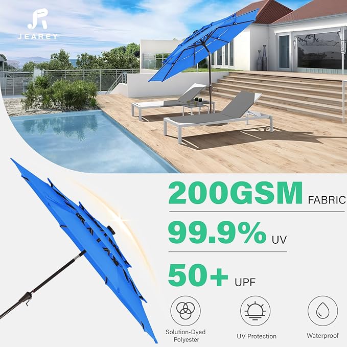 JEAREY 3 Tiers Patio Umbrella with Solar Lights 9ft Outdoor Market Table Umbrellas with Push Button Tilt for Outside Pool Garden, Royal Blue