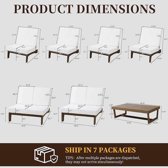 UIXE 7 Pieces All Weather Wood Patio Furniture Sets, 2 Patio Loveseat, 4 Patio Bistro Chair, Outdoor Sectional Sofa Furniture Backyard Conversation Set with Coffee Table - Beige