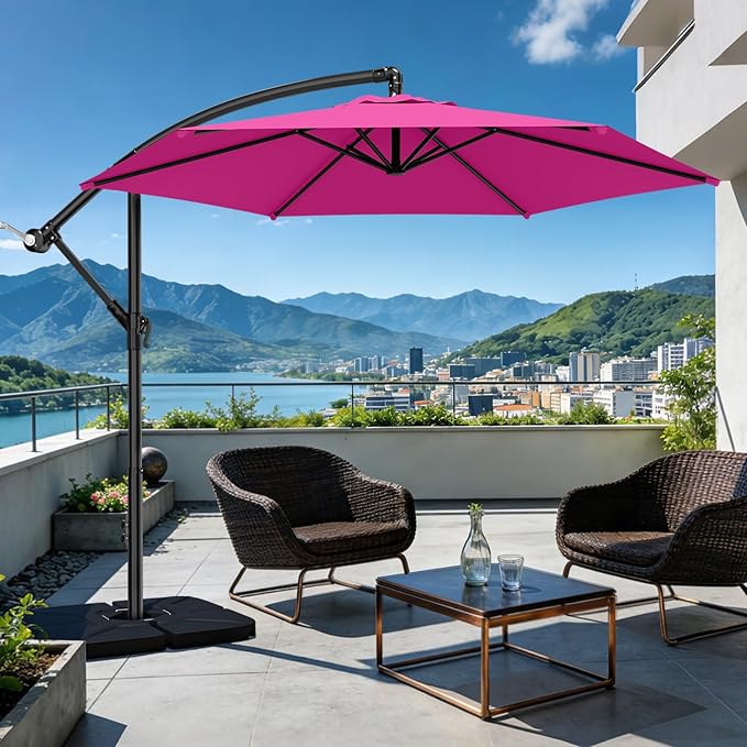 AreShark 10FT Patio Outdoor Umbrella, Offset Patio Umbrella Cantilever Umbrella, 6 Sturdy Ribs, Easy Adjustment for Garden Market Pool with Cross Base (Rose Pink)