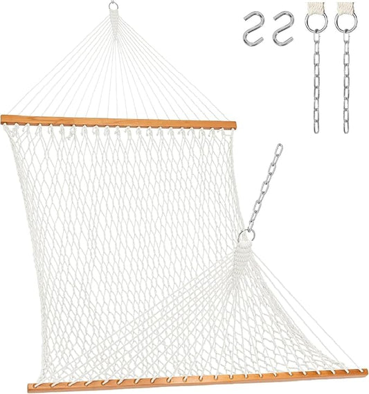 Lazy Daze Hammocks Double Rope Hammock, 12 Ft Traditional Hand Woven Cotton Rope Hammock with Spreader Bar, Carabiners, Tree Straps, Chains