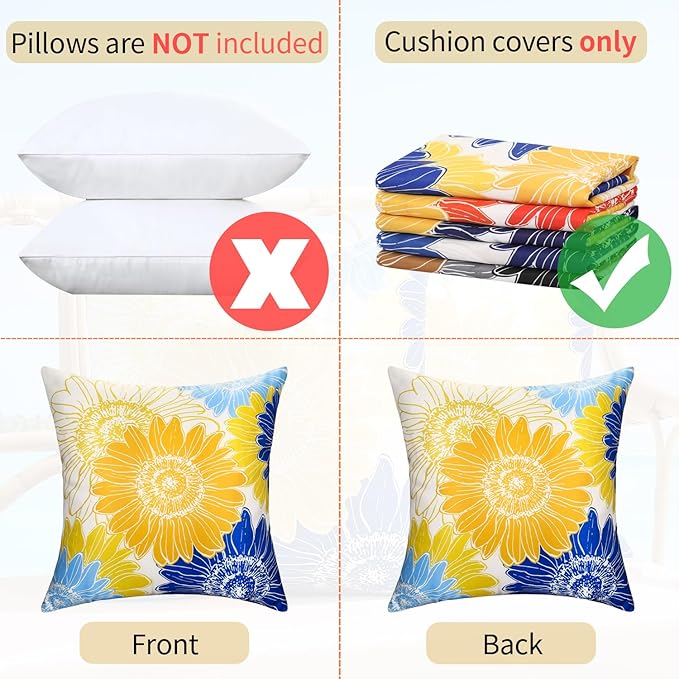 Outdoor Waterproof Pillow Covers Summer Floral Throw Pillow Covers 20x20 Decorative Square Yellow Blue Sunflower Garden Cushion Throw Pillowcase Set of 2 for Patio Furniture Garden Tent Balcony Bench