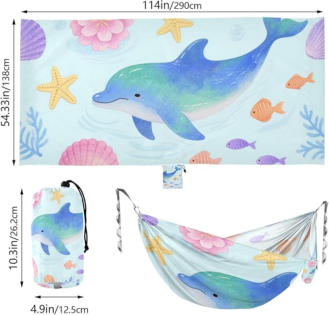 Watercolor Kid Style Dolphin Animal Fish 330lb Capacity Outdoor Hammocks with Tree Straps Hanging Hammock for Patio Backyard Lounge Base hamaca para adultos