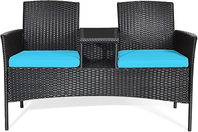 COSTWAY 2-Seat Patio Conversation Sets, Outdoor Patio Loveseat Set with Removable Cushions & Built-in Coffee Table for Backyard, Garden, Lawn, Balcony, Brown+Turquoise