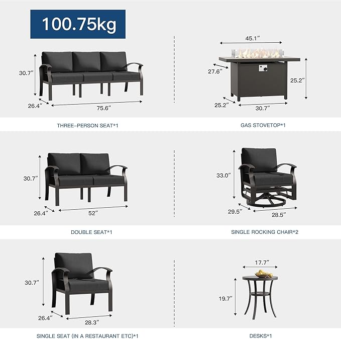 Kullavik Aluminum Patio Furniture Set,8 Pieces 9 Seat Metal Sectional Outdoor Furniture Conversation Set w/45 Propane Gas Fire Pit,Swivel Rocking Chairs Set,Black