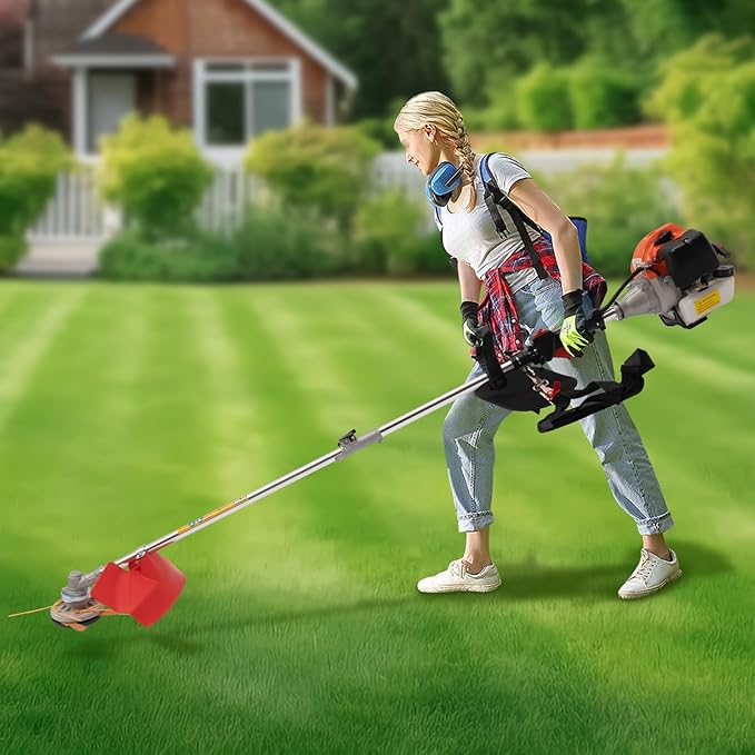 Gas Powered Weed Eater, 33cc 2-Stroke Cordless Lawn Edger Gas String Trimmer with Two Blade Heads, Trimmer Power Gasoline Chainsaw for Home Lawn Mowe, Orchard Mowing, Tea Garden Mowing