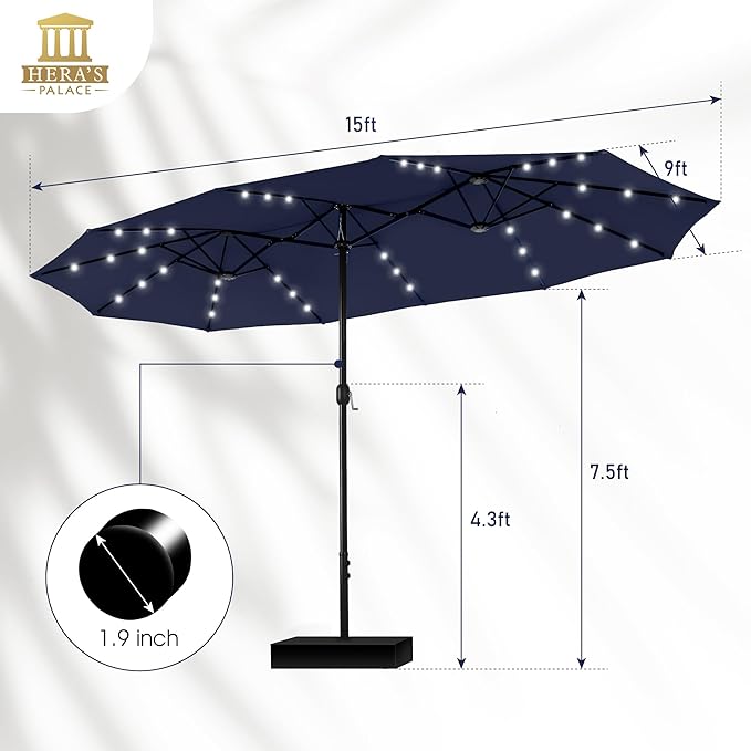 HERA'S PALACE 15ft Patio Umbrella with Base Included Double Sided Outdoor Umbrella for Patio Table Umbrella Outdoor 36 LED Solar Lights for Garden