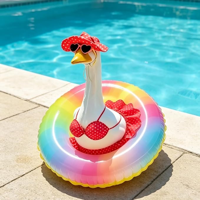Bikini Porch Goose Outfits,Porch Goose Summer Outfits Swimsuit with Hat Sunglasses & Swim Ring,Fit 23'' Lawn Goose Statue for Summer Outdoor Garden Lawn Yard Decor (Swimsuit-red)