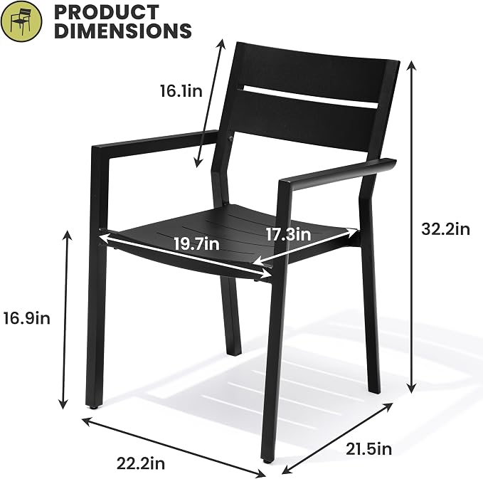 Aluminum Stackable Outdoor Dining Chairs Set of 2 | Modern Black Patio Armchair with Slat Back for Garden, Poolside, Backyard & Porch
