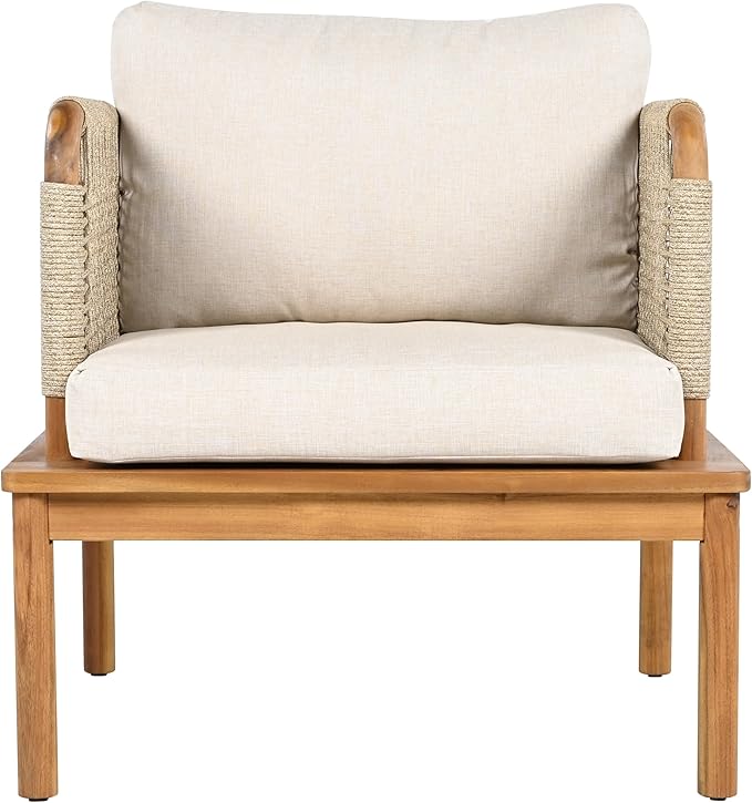 Merax MP2 Outdoor Club Chairs, Acacia Wood & Rope Weave with Water-Repellent Cushions, Patio Conversation Chairs for Garden & Balcony