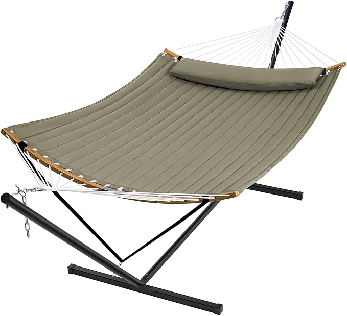 SUPERJARE Curved-Bar Hammock with Stand, 2 Person Heavy Duty Hammock Frame, Detachable Pillow & Portable Carrying Bag, Perfect for Outdoor & Indoor, Olive Gray