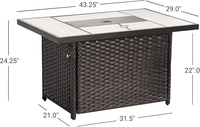 Grand patio 5-Piece Outdoor Furniture Conversation Sets with 43-Inch 50000 BTU CSA Safety Approved Gas Fire Pit Table Rectangle Propane Fire Pit with Ceramic Tile Top and Wicker Base