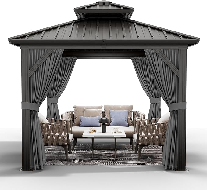 PeakPursuit 10'x10' Hardtop Gazebo, Heavy Duty Aluminum Permanent Hardtop Gazebo Outdoor Pavilion with Curtains and Netting for Garden
