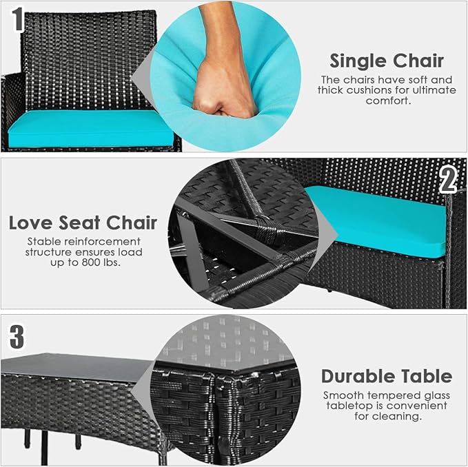 HAPPYGRILL 8-Piece Patio Furniture Set Rattan Wicker Conversation Set with Tempered Glass Top Table, Outdoor Wicker Sofa Set with Removable Cushions for Poolside Garden Backyard