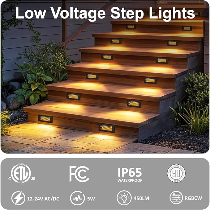 Low Voltage Step Lights, RGBCW, 5W, 8.7 Inch, Black, 12V LED RGB Color Changing for Wired Low Voltage Landscape Lighting of Outdoor Deck Stair Step Fence, Concrete, Surface Mount, ETL, 1PK