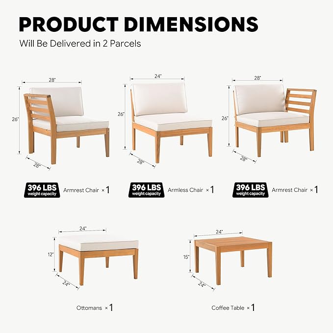 5-Piece Acacia Wood Patio Sectional Set, L-Shaped Outdoor Sofa Garden Couch with Coffee Table & Removable Cushions for Backyard, Deck, Beige
