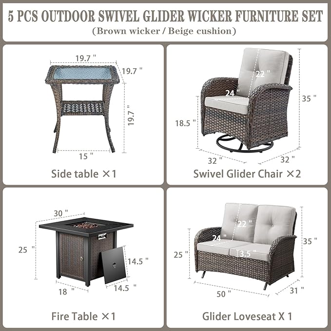 Belord 5 Pieces Patio Furniture Set with 30” Propane Fire Pit Table, Deep Seating Swivel Rocker Glider Outdoor Chairs Set of 4 with Side Table Set of 2 Patio Conversation Set Brown Wicker