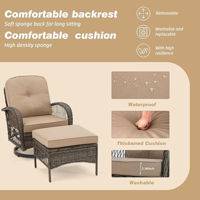 EROMMY 5 Pieces Outdoor Swivel Rocker Patio Chairs, 360 Degree Rocking Patio Conversation Set with Thickened Cushions, Glass Coffee Table and Ottomans for Backyard, Khaki