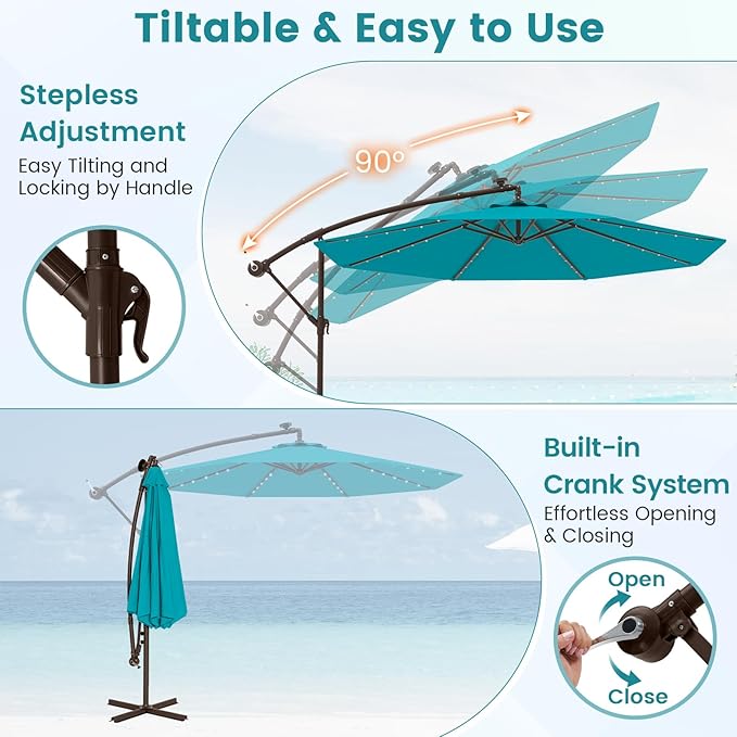 Tangkula 10FT Offset Patio Umbrella with Base Included, Outdoor Cantilever Umbrella with 40 Solar LED Lights, Tilt Adjustment, Crank Handle, Vented Top, Sand Bags for Pool Yard Deck (Turquoise)