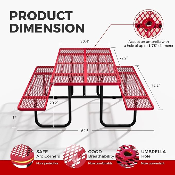 72" Coated Round Metal Picnic Table for 4-6 Person, Durable Heavy Duty Commercial Picnic Table with Umbrella Hole for Outdoor Coffee Shop, School, Easy to Install, Red