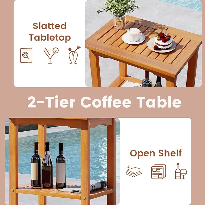 HAPPYGRILL Acacia Wood Patio Side Table, 2-Tier Accent Table with Slatted Tabletop & Storage Shelf, Wooden End Table for Living Room Poolside Balcony Porch (1)
