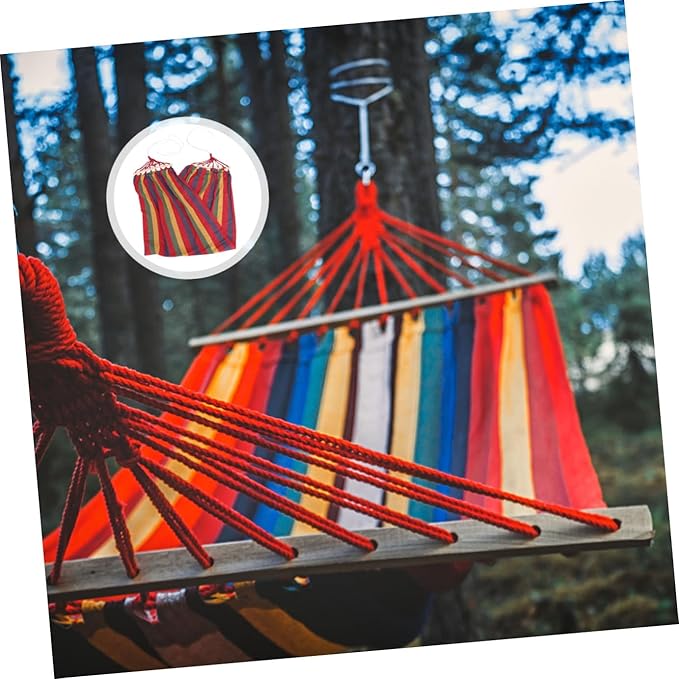 FRCOLOR Single Person Rainbow Striped Hammock, Outdoor Leisure Swing for Travel, Widened Canvas Cotton Material with Anti-tip Design, Portable Outdoor Relaxation Hammock