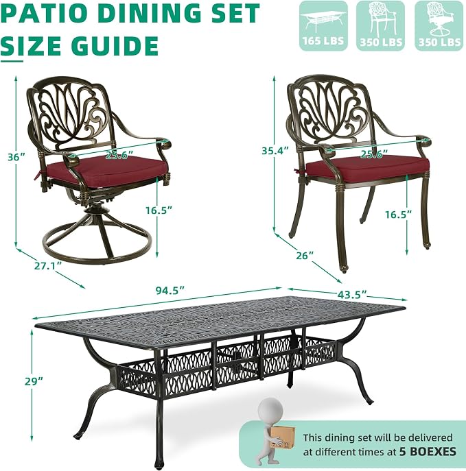 VIVIJASON 9-Piece Outdoor Dining Set, Cast Aluminum Patio Furniture Table & Chairs Set for 8, Include 94.5" Rectangular Table, 2 Swivel Rockers, 6 Stationary Chairs, Umbrella Hole, Red Cushion