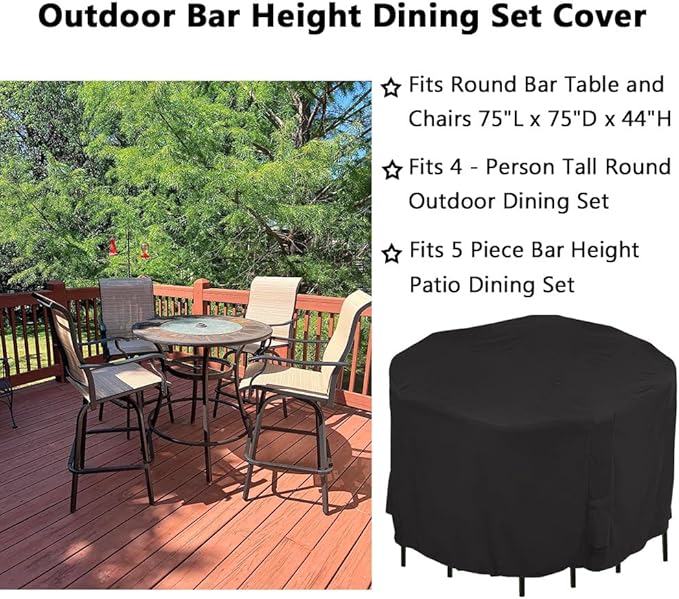 Outdoor Bar Height Dining Set Cover for 5 Piece Tall Round Bistro Outdoor Dining Set Waterproof Heavy Duty 75 Inch Round Patio Bar Height Table & Chair Sets Cover, Black