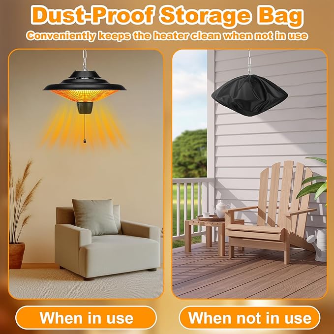 Glooglitter Outdoor Hanging Patio Heater 1500W Electric Hanging Ceiling Mounted Infrared Heater with Storage bag 3s Fast Heating, Quiet, Adjustable Chain, for Home Garage Balcony Studio