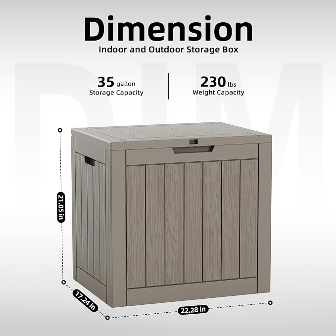 PatioZen 35 Gallon Deck Box Outdoor, Weatherproof Resin Patio Storage Box, Waterproof Outdoor Storage Boxes with Lid Lockable for Cushions, Garden Tools,Grey