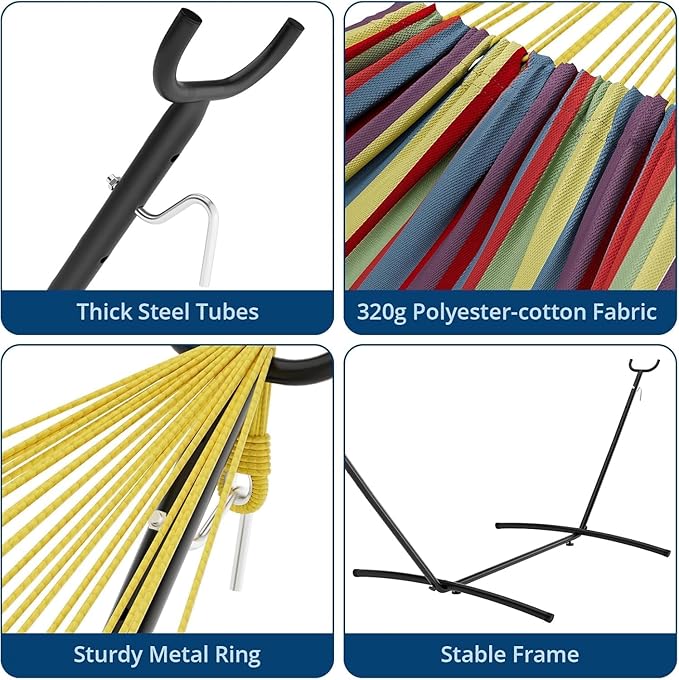 Double Hammock with Spreader Bar & Steel Stand – 450 Lbs Capacity, Portable for Camping, Backyard, Garden – Includes Carry Bag, Durable for 2 Person Outdoor Relaxation(Yellow)
