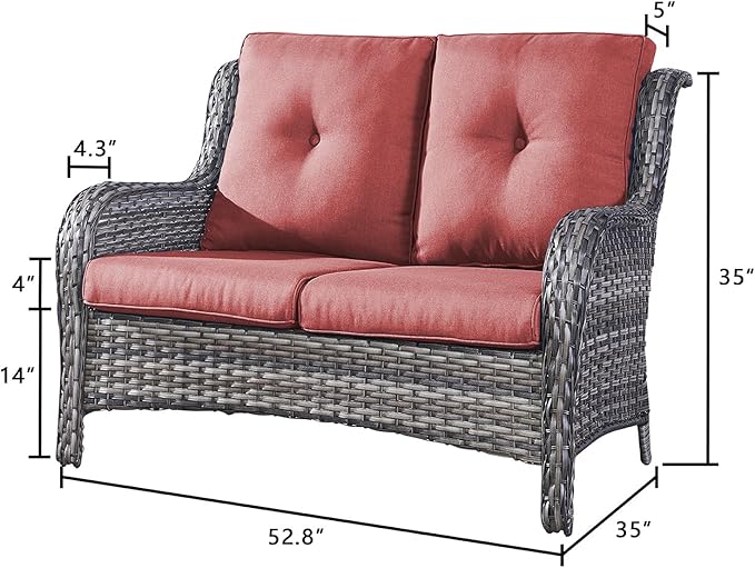Rilyson Outdoor Loveseat Wicker Patio Sofa - 2 Seat Rattan Outdoor Couch Patio Furniture with Deep Seating and Comfortable Cushions for Outside Porch Deck Balcony(Mixed Grey/Red)